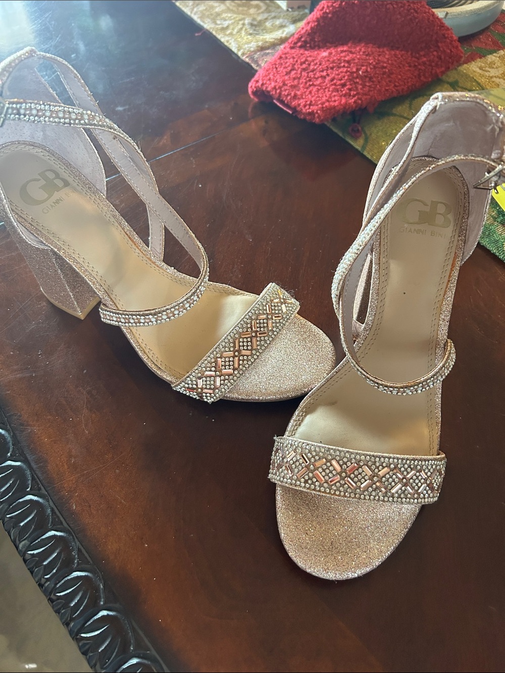 Gianni Bini Rose Gold Glitter Embellished Block Heel Sandals